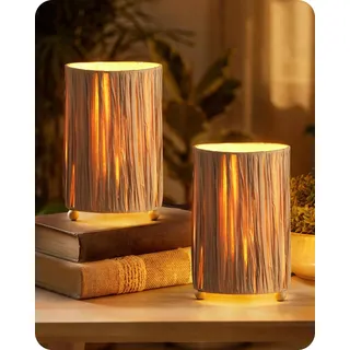 GOEBLESON Kleine Nachttischlampe 2er Set, Boho Tischlampe Rattan mit Kabel, mit LED-Birne 4W, 2400K, Tischleuchte Vintage, Lamperschirm aus Papierähnliche Streifen ZLF11TLDP205
