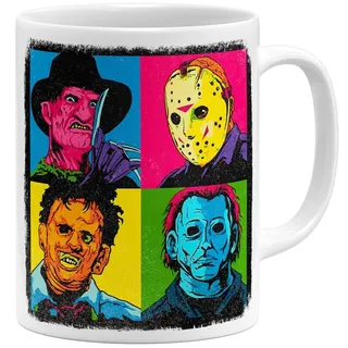 OM3® coole Kaffee-Tasse mit Pop-Art-Horror - Halloween Nightmare Serial Killers | Keramik Becher | 325ml | Beidseitig Bedruckt | Weiss