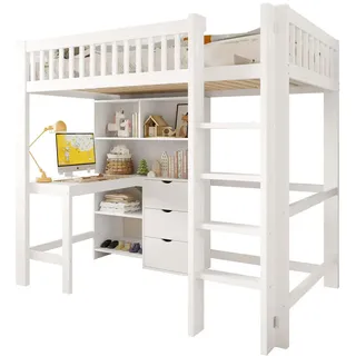 Stilvora Hochbett 90/200 cm in Weiß mit Schreibtisch, 3 Schubladen und Ablagefächern , Holzwerkstoff , 1 Fächer , 90x200 cm , Babymöbel & Kindermöbel, Kinderzimmer & Jugendzimmer, Kinderbetten, Hochbetten