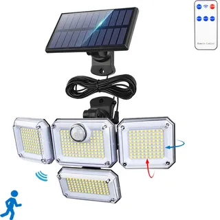 333 Led Solarleuchten Mit Bewegungsmelder 270° 4 Köpfe Garten Solarlampen mit 5m Kabel Fernbedienung Für Außen Solar Wandleuchte Gartenleuchten, Weiß