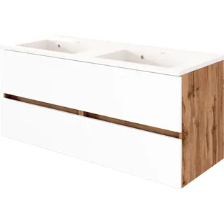Badmöbel Doppelwaschtisch mit Unterschrank 120 cm inkl. Mineralgussbecken LOUROSA-03 in Wotaneiche Nb. mit matt weiß, B/H/T: ca. 120/56/47 cm - Braun