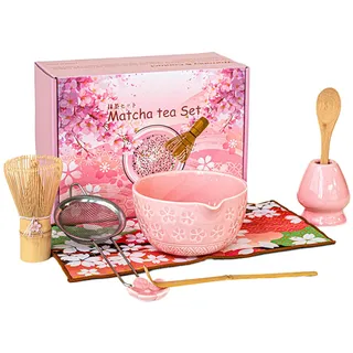 8 Stück Matcha Set Rosa Keramik Matcha Schale Matcha Besen Set mit Sakura Charme Matcha Tee Set mit Schneebesen, Schaufel, Sieb & Tuch