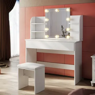 SONNI Schminktisch Weiß 108 cm breit mit Spiegel Hocker und Led Spiegelleuchte - Weiß