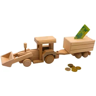 Dekohelden24 Nachhaltige fahrbare Holz - Spardose, Sparbüchse als Bagger, Radlader - Spardose, Sparbagger aus Holz, Kinderspardose Bagger, Baggersparbüchse mit Hänger aus Buchenholz, L/B/H 42 x 8 x 12 cm.