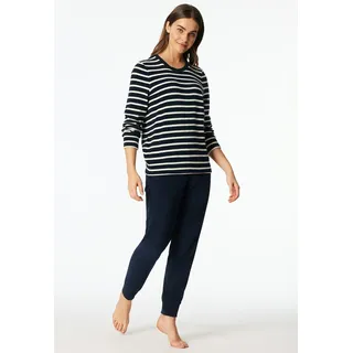 Schlafanzug SCHIESSER "Casual Essentials", Damen, Gr. 42, blau (nachtblau), Frottee, Obermaterial: 80% Baumwolle, 20% Polyester, bequem lang, Rundhals, Homewear-Sets Schlafanzug, wärmende Frottee-Qualität, Rundhalsausschnitt, langärmelig