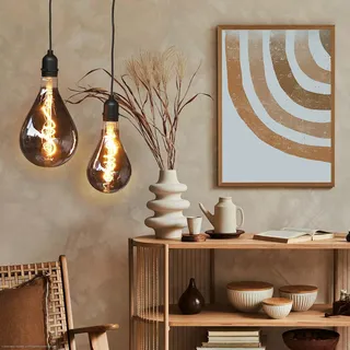 hellum Batterie-Hängelampe outdoor, 2er Set rauchgraue mit Batterie und Timer aussen A100 + A130 dimmbare Glühbirne und Fernbedienung, tropfenförmig 151459