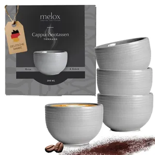 MELOX - 4er Set Cappuccino-Tassen Tornado-Line Porzellan Grau - 4 x 200ml für Kaffee, Cappuccino & Macchiato - Kaffee-Becher dickwandig ohne Henkel - Kaffee-Tassen Coffee Cup italienischen Design