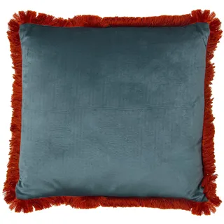 DRW Quadratisches doppelseitiges Kissen aus Samt mit Reißverschluss in Wassergrün und Fransen in Orange, 45 x 45 cm