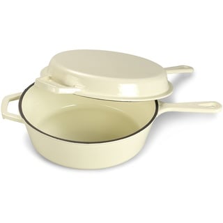 Echtwerk Schmortopf und Grillpfanne 2-in-1 Set, Gusseisen Bräter mit Deckel, Gusseisentopf mit Emaille-Beschichtung, Für Backöfen, Grill, BBQ und Induktion geeignet, Creme, 2,5 L, Ø 25,2 cm