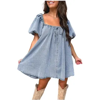 INFJMH Damen -Denim -Kleiderkleid quadratische Nackenblasenhülle Mini Babydoll Kleid mit Taschen