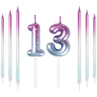 Mciskin 13th Birthday Number Kerzen Dekorationen Bunte 13 Kerze mit Rosa Lila Lange Kerzen Kuchen Kerzen Kuchen Topper Dekorationen für Jungen Mädchen Männer Frauen Geburtstagsfeier Hochzeit Jubiläum