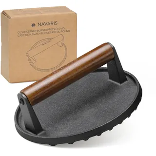 Navaris Smashed Burger Presse - Burgerpresse Gusseisen - Burger gesund und schmackhaft zubereiten - Grillpresse - Fleischbeschwerer - 17,5 x 17,5 cm - Rundes Gusseisen