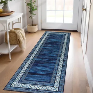 IMIYOKU Läufer Teppich Flur Küche Teppiche rutschfest waschbarer und Rutschfester Küchen Teppich, Modern Viereck Geometrisch Design Flur Küche Wohnzimmer Diele Blau 65x240 cm