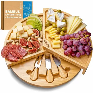 Bambus Käsebrett mit Käsemesser Set – 37cm Rund Servierplatte aus Holz für Käse und Häppchen – Drehplatte Servierbrett aus Holz Käseplatte Drehbar – Cheese Board Charcuterie Board – Geschenke Idee
