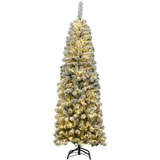 Costway Bleistift Weihnachtsbaum 180cm, künstlicher Tannenbaum 500 PVC Nadeln mit Schnee, Christbaum Kunstbaum mit 250 warmweißen LEDs & Metallständer - Grün, Weiß