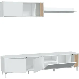 TV-Schrank Dolze, Wohnzimmerschrank mit Türen, Hängeschrank mit Regal, Mehrzweck-Sideboard, 200 x 40 x 47 cm, Weiß und Eiche - Weiß