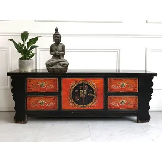 Chinesisches Lowboard Sideboard Kommode Schrank Hochzeitsschrank Möbel asiatisch orientalisch chinesisch Büffet Anrichte schwarz-rot China Shabby Chic Vintage Holz - Schwarz, Rot