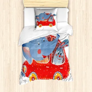 ABAKUHAUS Karikatur Mantele, Funny Animal in einem Auto, Milbensicher Allergiker geeignet mit Kissenbezügen, 135 cm x 200 cm - 80 x 80 cm, Blau, Rot, Weiß - Bunt