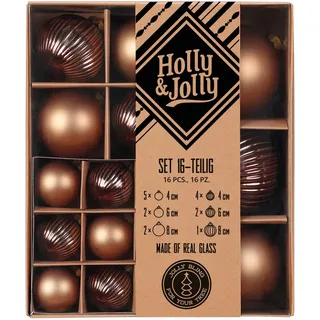Holly & Jolly - Weihnachtskugeln mit Struktur Elegant Lounge, 16 Stück | Christbaumkugeln aus Glas, ca. 4, 6 und 8 cm, Weihnachtsbaumschmuck in Braun und Beige, matt & strukturiert, Weihnachtsdeko