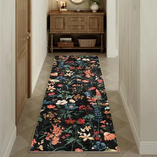 HUGEAR Läufer Flur Teppich 60x240cm Schwarz Waschbar Teppichläufer Runner | Blumen Blumenmuster Läufer Teppiche,Waschbar Rutschfest,Weich,Boho Neutral Modern,für Schlafzimmer,Küche