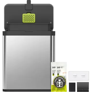 EKO Küchenabfalleimer aus Edelstahl mit herausnehmbarem Inneneimer und Geruchsneutralisierungsfach, 7 l, wandmontierter Küchenabfalleimer mit Schwingdeckel (Edelstahl und Schwarz)