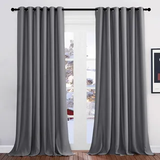 PONY DANCE Extra Breite Gardine Grau Blickdicht Verdunklungsvorhänge Ösenvorhang 2er Set H 260 x B 200 Thermovorhänge Kälteschutz Wohnzimmer Gardinen Modern Thermal Blackout Curtains