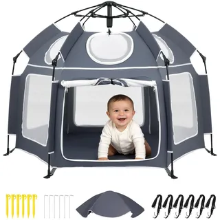 HOMGEN Laufstall Baby Faltbar Mit Baldachin 150x150cm Tragbarer Pop-Up Baby Playpen für Innen & Außen 360° Atmungsaktiv Mit Abnehmbarem Sonnenschutz Sicherheitsnetz für Reisen Camping Garten Grün