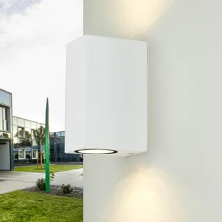 Licht-Erlebnisse Strahler Hauswand Aussen, Aussenlampe Wand, Up Down Leuchte, Weiß, Wandleuchte Aussen, Terrasse, Balkon, H:15,5 cm, IP44, wetterfest, 2-flammig, Außenbeleuchtung
