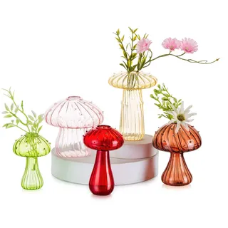 Pilz Deko Glas Vase Bunt: Hewory 5er Fliegenpilz Pilze Kleine Vasen für Tischdeko, Mini Vasen Set Aesthetic Vase für Wohnzimmer Modern Schlafzimmer Cottagecore Deko Mushroom Decor