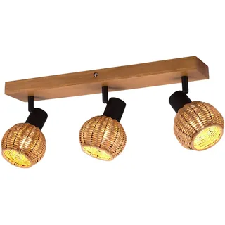 meineWunschleuchte Decken-Strahler Holz & Rattan, Spots schwenkbar | Breite 50cm, E14, 3-flammig, skandinavisches Design, mit Korbgeflecht, für Wohnzimmer & Schlafzimmer