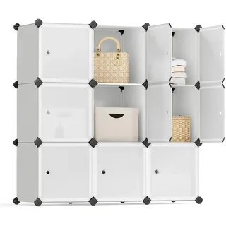 Songmics Regalsystem, Schuhregal, Set aus 9 Würfeln, Kleiderschrank aus Kunststoff, mit Türen, Steckregal, Aufbewahrung von Kleidung, Schuhen und Büchern, einfache Montage, weiß LPC116WS