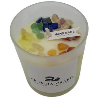 Handgefertigte 7 Chakra Edelstein Englische Birne & Freesia Duftkerze 220 g Sojawachs im Glas | Harmonie Liebe Meditation