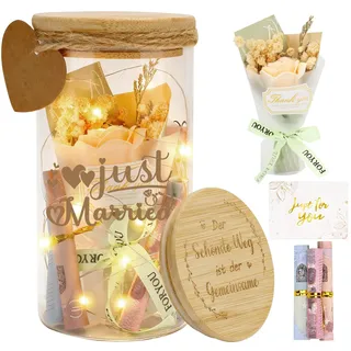Geldgeschenk Hochzeit Hochzeitsgeschenke für Brautpaar, LED Flaschenlicht Spardose und Frisch Verliebte mit Trockenblumen, Anhänger und Card, Hochzeitstag Geldgeschenke Spardose (Get Married)