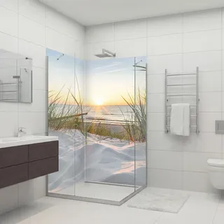 dedeco 2tlg. Eck-Duschrückwand Sonnenaufgang V1, 90x200cm Alu 3mm classic | Wasserfeste Duschrückwand, Alu-Verbundplatte classic – fugenlos, pflegeleicht, Fliesenersatz, Made in Germany