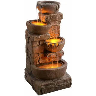 Teamson Home 84,5 cm Kaskadierende Schalen & Gestapelte Steine LED Outdoor-Wasserbrunnen für Außenbereiche, Braun