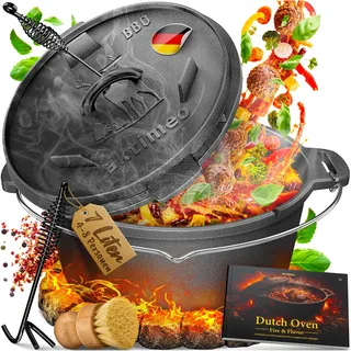 aktimeo Dutch Oven 7 Liter [4-8 Personen], eingebrannter Feuertopf aus Gusseisen mit Füßen, Schmortopf mit 2in1 Wendedeckel, Grilltopf, Dutch Oven Set inkl. Rezeptbuch, Deckelheber und Bürste