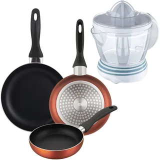 Well Home Set mit 3 Pfannen, Ø 16 x 20 x 24 cm, aus gepresstem Aluminium in Kupfer metallic + Entsafter mit 40 W Leistung, Fassungsvermögen 1,2 l