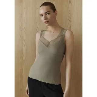 Spitzentop ROSEMUNDE "Beatha Lace Top mit Seide", Damen, Gr. L, grün (khaki), Feinripp, Obermaterial: 55% Seide, 45% Baumwolle, V-Ausschnitt, Tops Spitzentop, Vintage-Spitzenbesatz, feminin, ohne Ärmel, Seidenmix