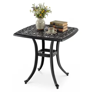 KOMFOTTEU Gartentisch, Beistelltisch, quadratischer Bistrotisch aus Gussaluminium mit Schirmloch, wetterfester kleiner Outdoor Couchtisch für Garten, Terrasse & Balkon - Schwarz