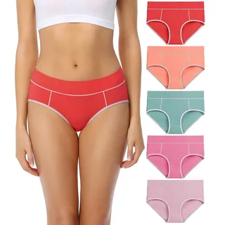 wirarpa Unterhosen Damen Midi Taille Slip Baumwolle Bequeme Unterwäsche 5er Pack Rot/Orange/Grün/Rosa/Dunkelrosa Größe XL