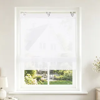 Joyswahl Voile Raffrollo ohne Bohren Raffgardine Ösen Hanna Weiß 80x130 | Mit Hakenaufhängung, Unifarbige Vorhänge, 1er Pack, Schals Fenster Gardine, Ösenrollo mit Haken, Fensterrollo innen