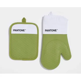 osama home Pantone - Küchenset mit Ofenhandschuh + Topflappen, aus Baumwolle mit rutschfestem Silikongriff - nützliches Küchenzubehör, hitzebeständig bis 250 °C - Weiß/Hellgrün