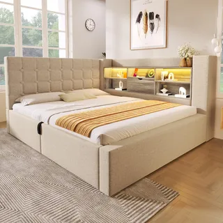 okwish L-förmiges Schlafsofa 140x190 Tagesbett mit LED-Beleuchtung und offenen Staufächern an der Rückwand,Jugendbett Daybett mit Bettkasten,Beige(Ohne Matratze) - Beige