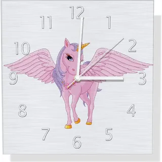 Wallario Design Wanduhr Rosa Einhorn mit großen Flügeln aus Aluverbund, Größe 30 x 30 cm - Weiß