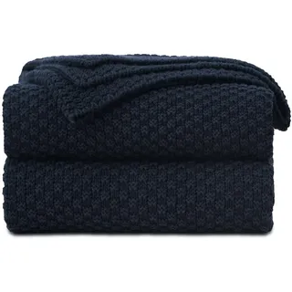 Longhui bedding Dunkelmarineblaue gestrickte Überwurfdecke für Couch, weich, gemütlich, maschinenwaschbar, 100% Baumwolle, Sofa-Strickdecken, schweres Gewicht 1,4 kg, 130 x 160 cm, dunkelmarineblau.