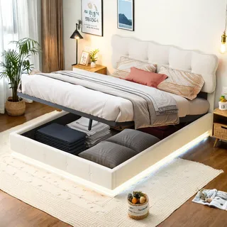 Fortuna Lai Polsterbett mit LED-Beleuchtung und Stauraum, 140x190 cm, mit hydraulischem Bettkasten, Kopfteil mit Samtbezug, Beige, Ohne Matratz - Beige