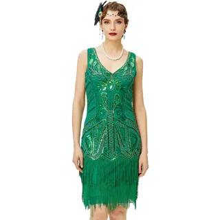BABEYOND Damen Flapper Kleider 1920er Jahre V Ausschnitt Perlen Fransen Great Gatsby Kleid, grün, Small