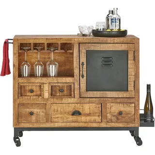 Landscape Servierwagen , Naturfarben, Schwarz , Holz, Metall , Mangoholz , massiv , 5 Schublade(n) Schubladen , U-Form , 100x85x40 cm , offenes Fach , Holzmöbel, Wohnwände Holz, Wohnwand Serien Holz