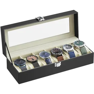 SONGMICS Uhrenbox mit 6 Fächern, Uhrenbox, Schatulle, Glasdeckel, abnehmbare Polster, Schloss aus Metall, schwarze Beschichtung und Futter in grünlichem Beige JWB06BE