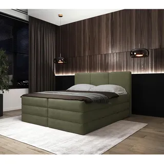 Mid.you Boxspringbett , Grün , Holz, Textil, Holzwerkstoff , H2 + H3 , Höhe ca. 19 cm , 180x200 cm , Bettkasten, gepolstertes Kopfteil, Topper durchgehend, Wendematratze mit unterschiedlichen Härtegraden, Matratze geteilt , Holzmöbel, Holzbetten, Boxspringbetten Holz